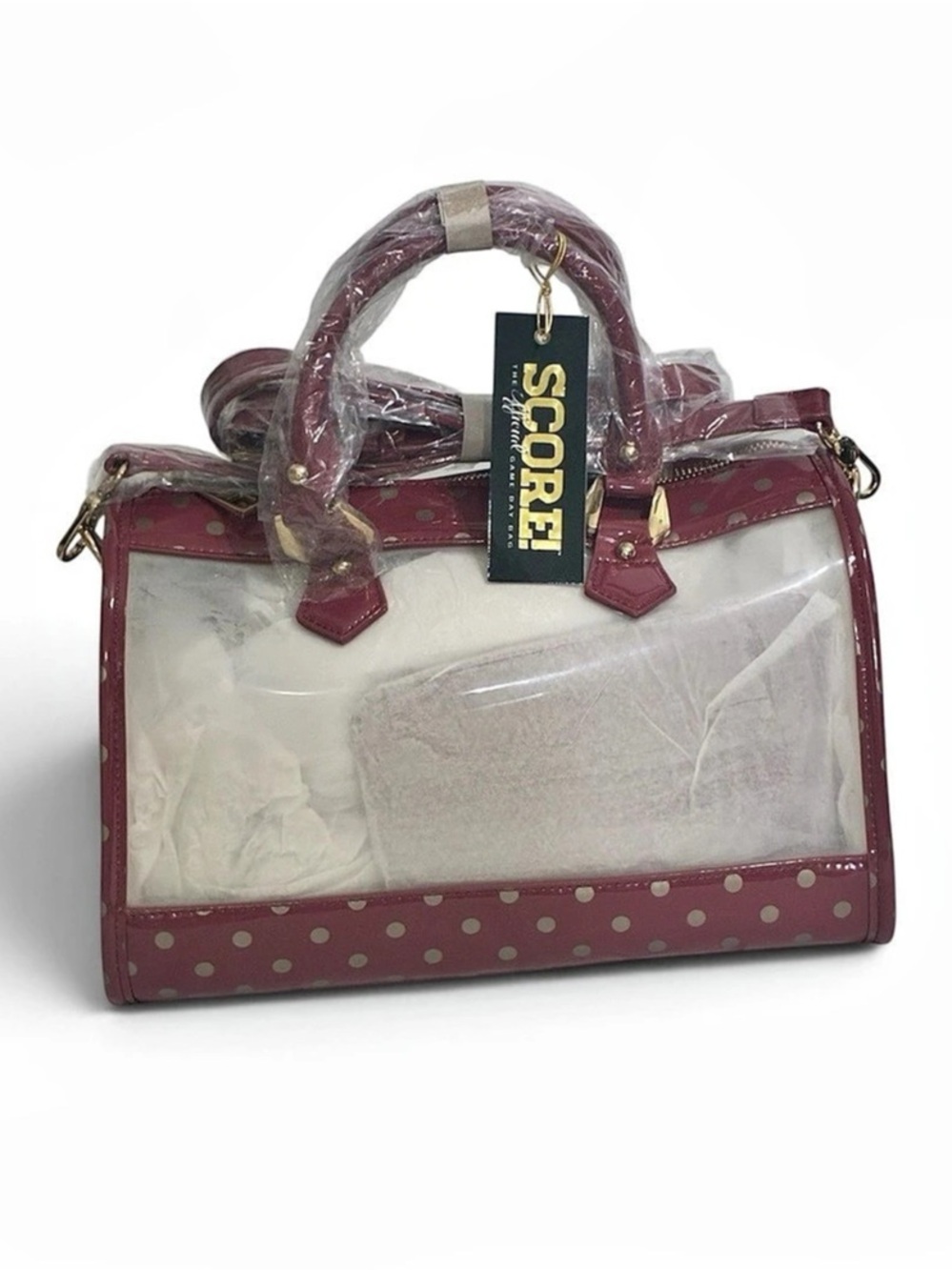 Stadium approved CLEAR bag tags dustbag charm incl maroon gold polkadot NOS 2015